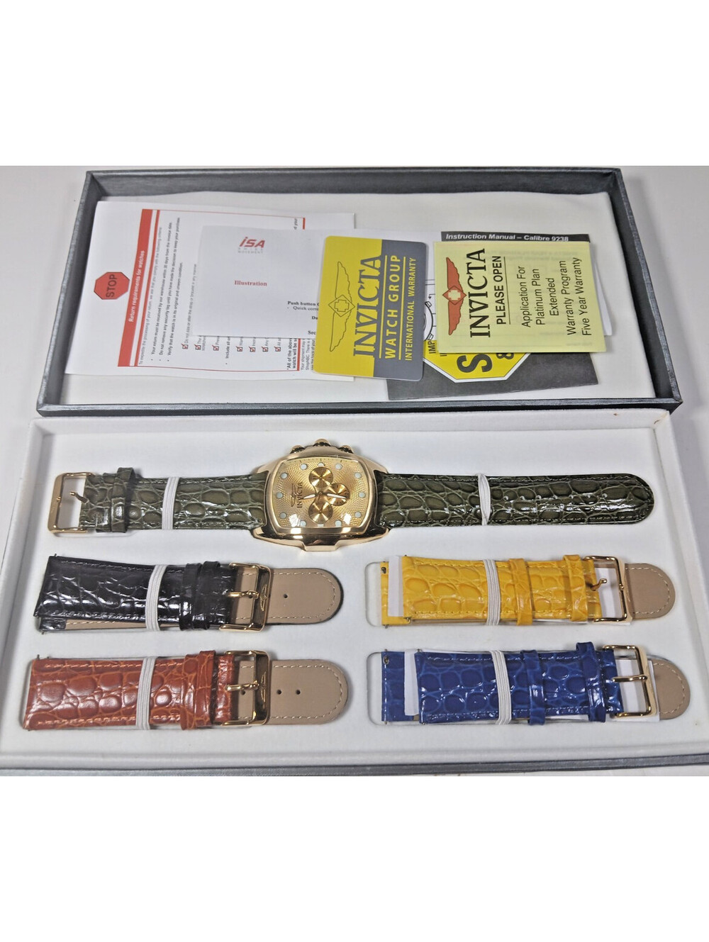 Invicta Gold tone Lupah Ltd Ed. Mod 0068 Watch & 5 Leather Bands NIB w Papers